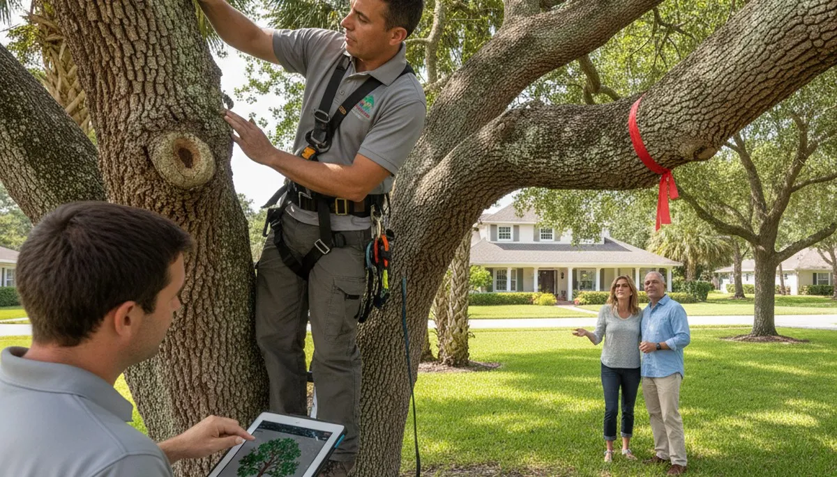 Certified arborist performing tree health assessment for homeowners in Oldsmar, FL near Palm Harbor