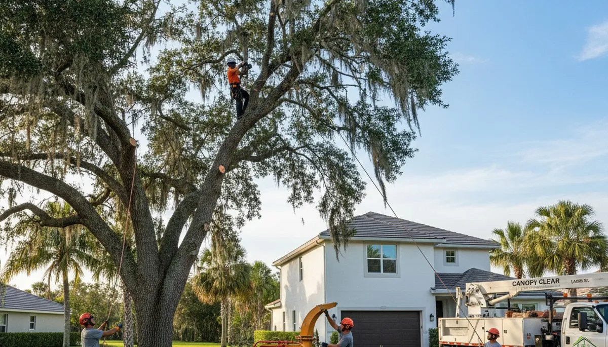 Professional tree removal service in Palm Harbor FL safely cutting down large oak tree