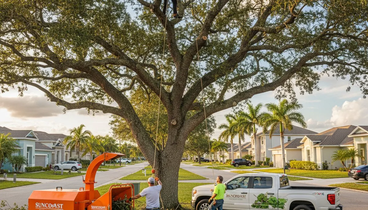 Professional tree removal service crew in Palm Harbor FL safely cutting large oak tree