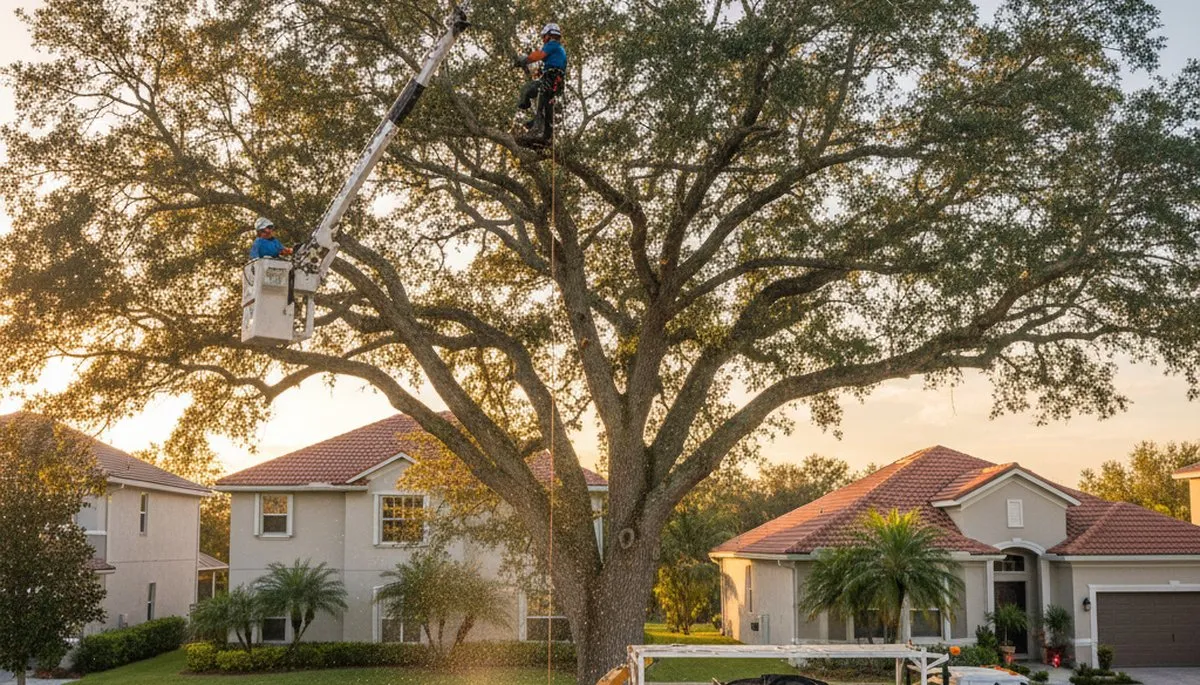Professional tree removal service in Palm Harbor FL safely cutting down large oak tree