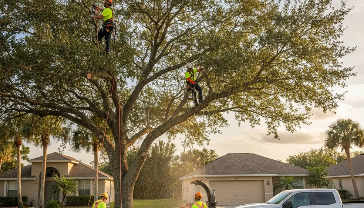 Professional tree removal service in Palm Harbor FL safely cutting large oak tree